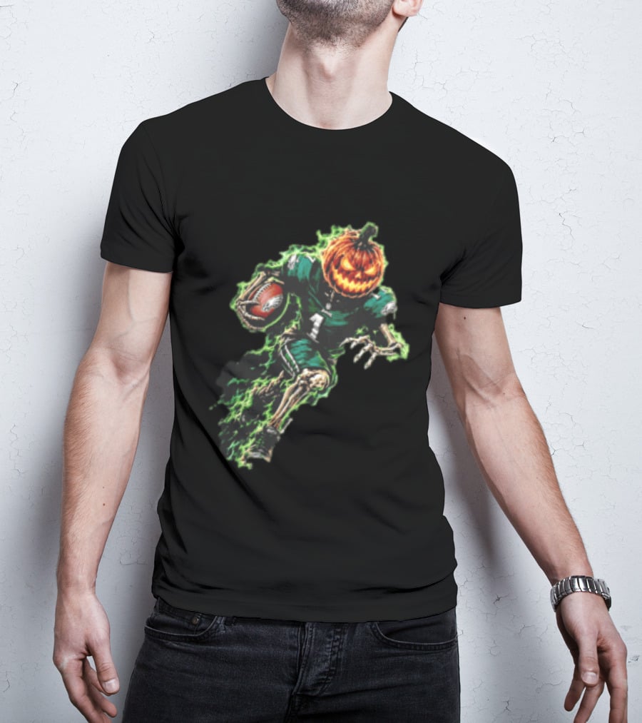 Philadelphia Eagles Pumpkin Head Skeleton Player Green Flames Football T-Shirt