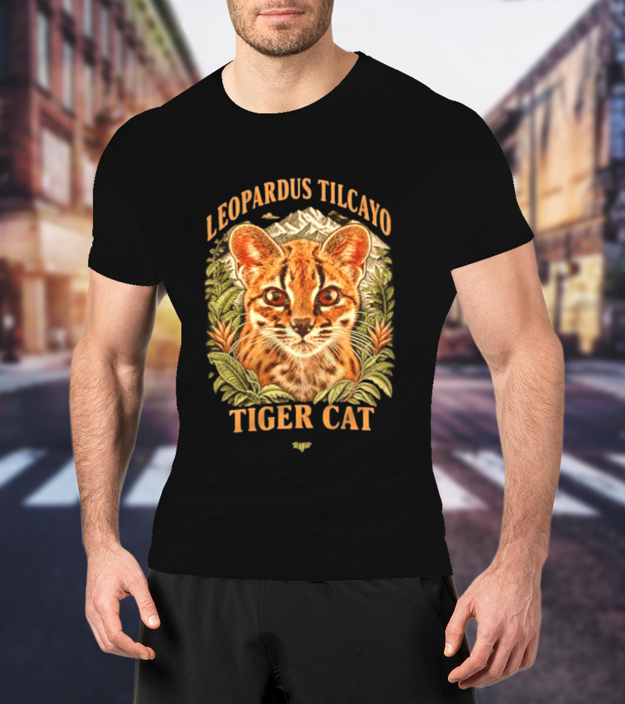 Leopardus Tilcayo Tiger Cat Wildlife Art With Foliage And Mountain T-Shirt
