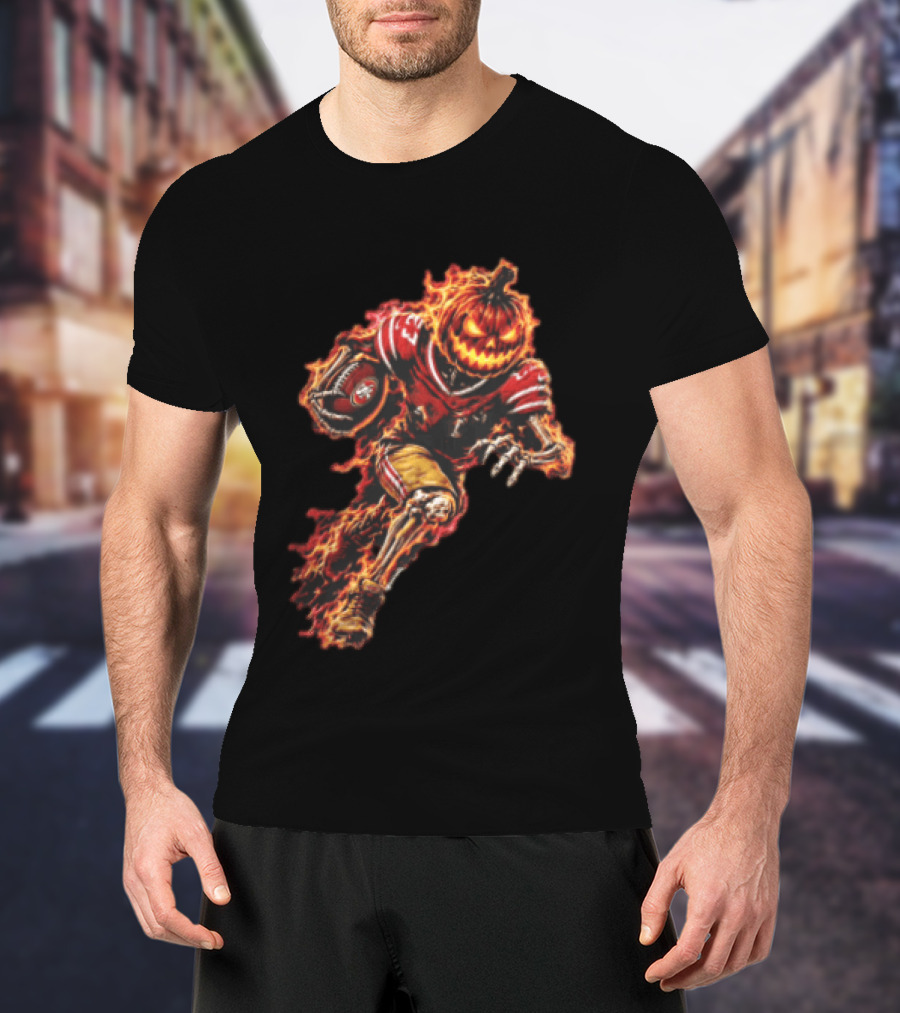 San Francisco 49ers Halloween Fiery Pumpkin Head Skeleton Football Player T-Shirt