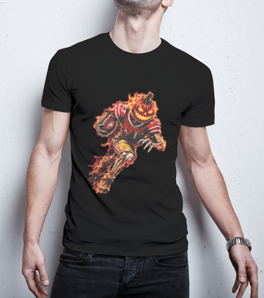 San Francisco 49ers Halloween Fiery Pumpkin Head Skeleton Football Player T-Shirt