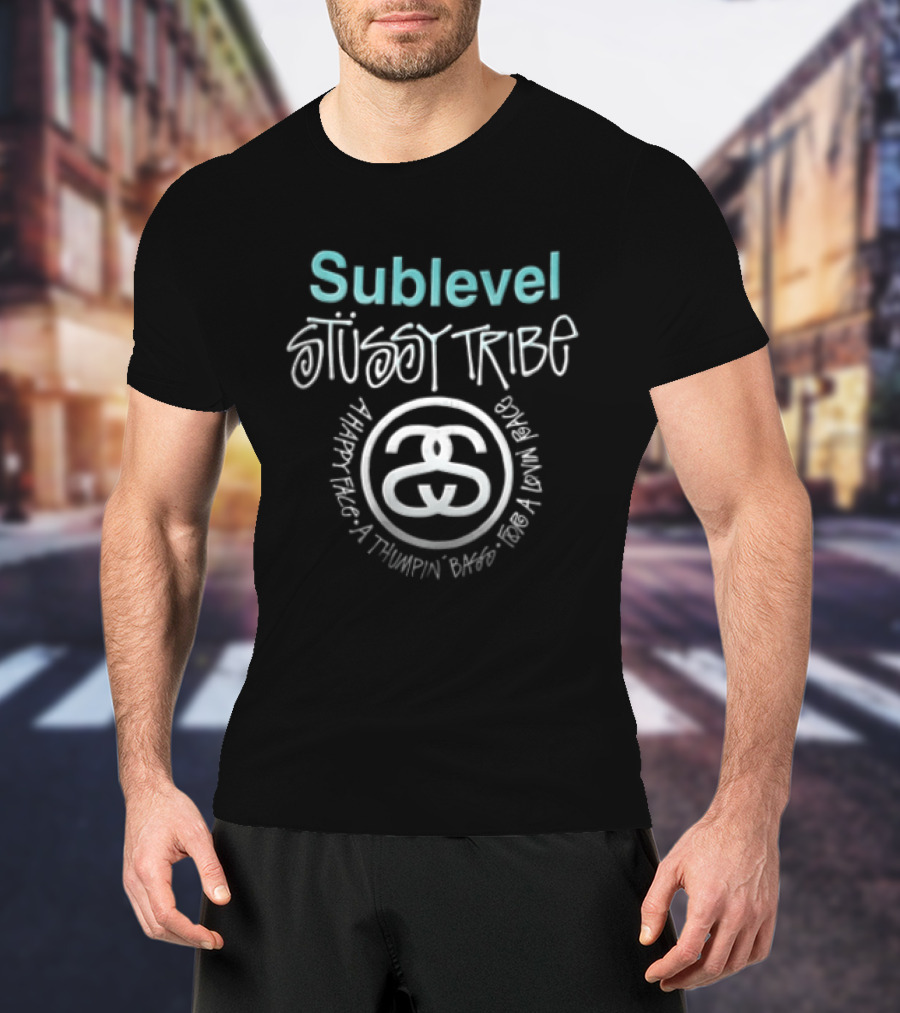 Stussy Sublevel Tribe A Happy Face Thumpin Bass For Lovin Race Interlocking Double S T-Shirt