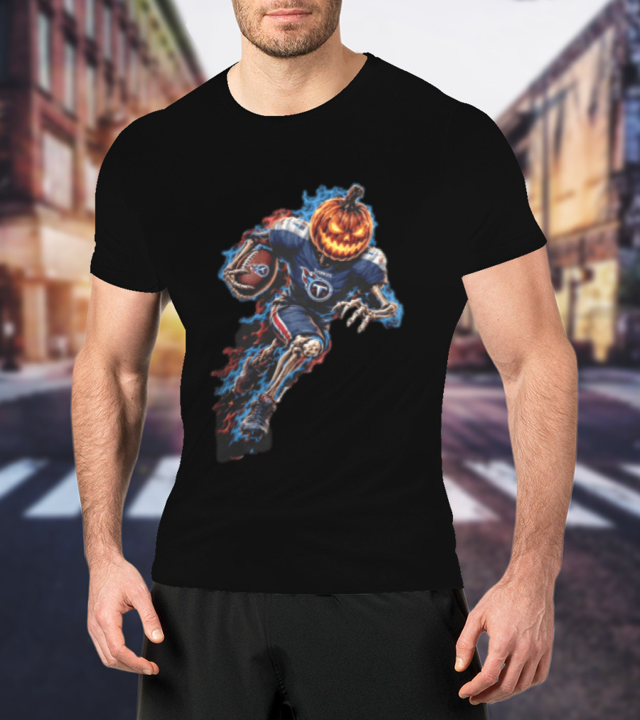 Tennessee Titans Pumpkin Head Skeleton Football Player Blue Flames Halloween NFL T-Shirt