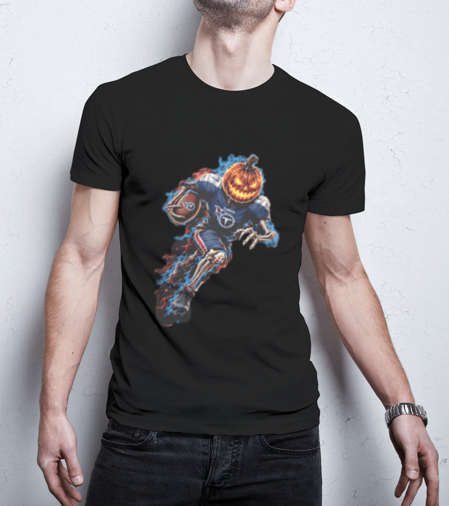 Tennessee Titans Pumpkin Head Skeleton Football Player Blue Flames Halloween NFL T-Shirt