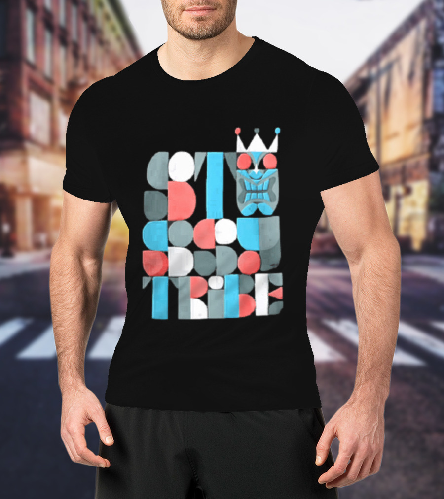Tribe Crowned Tiki Mask Geometric Color Block T-Shirt