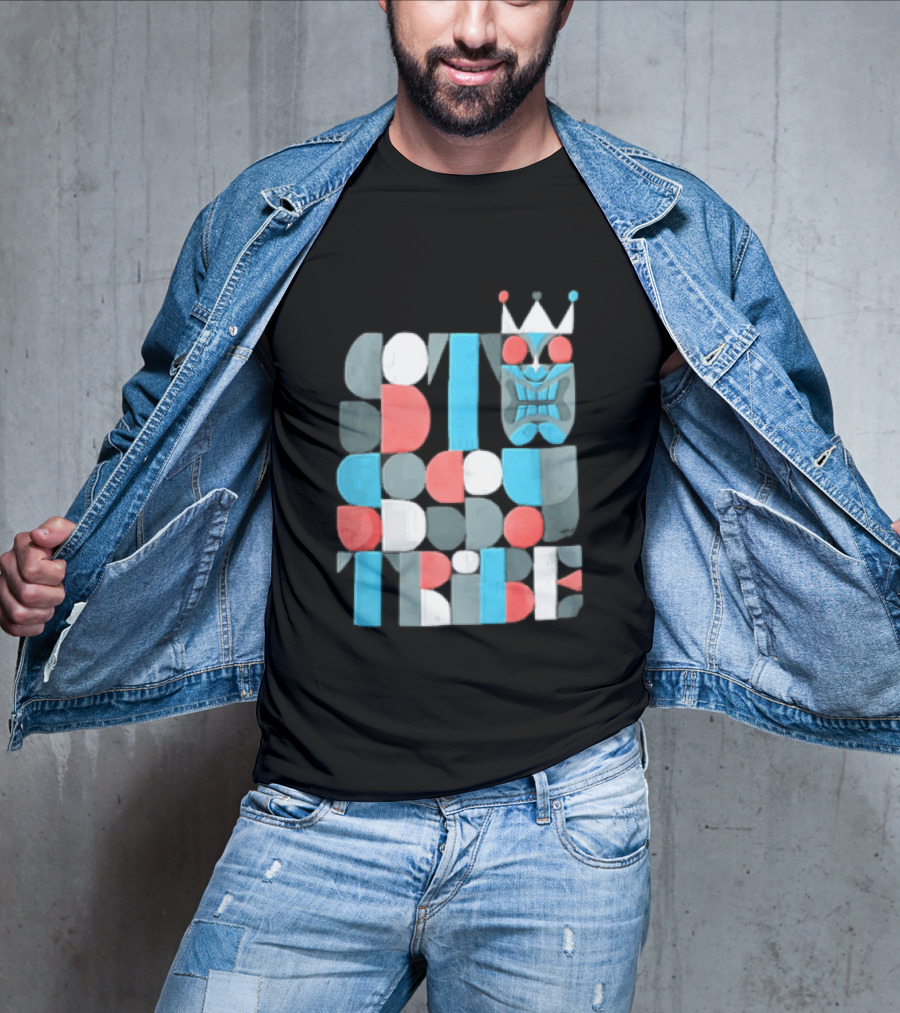 Tribe Crowned Tiki Mask Geometric Color Block T-Shirt