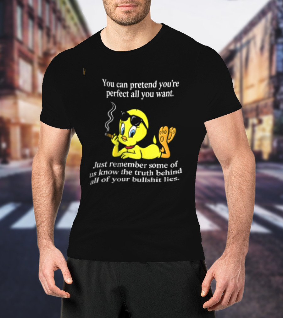 You Can Pretend Youre Perfect All You Want Just Remember Some Of Us Know The Truth Behind All Of Your Bullshit Lies Tweety Bird Smoking T-Shirt