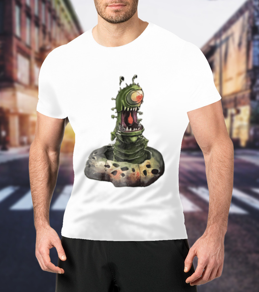 Cartoon Monstrous One Eyed Green Creature Emerging From Ground Hole T-Shirt