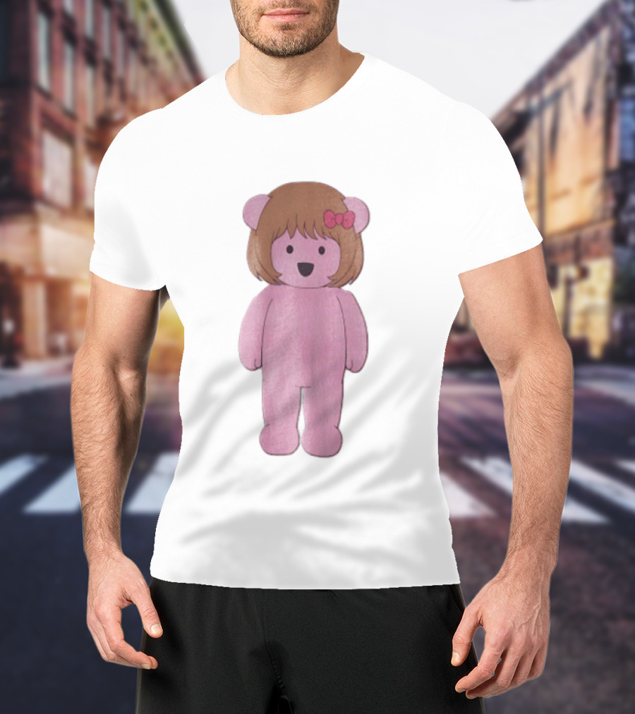 Cartoon Pink Bear With Brown Bob Haircut And Red Ribbon Bow T-Shirt