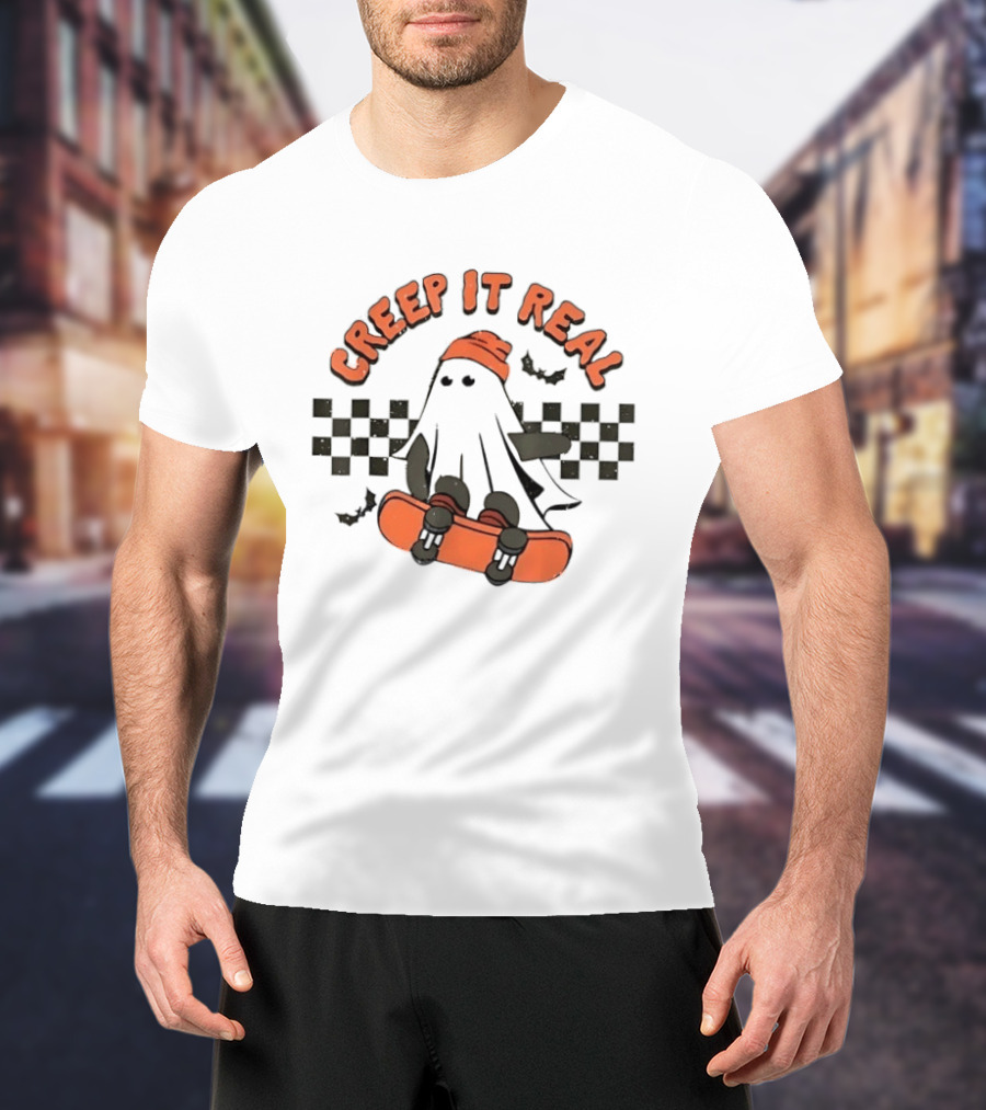 Creep It Real Ghost Skateboard Halloween T-Shirt