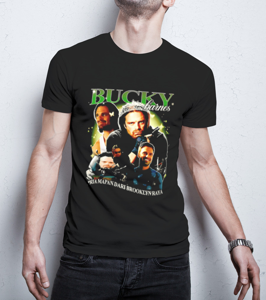 Bucky Barnes Sebastian Stan Pria Mapan Dari Brooklyn Raya Multiple Photos Crown Marvel T-Shirt