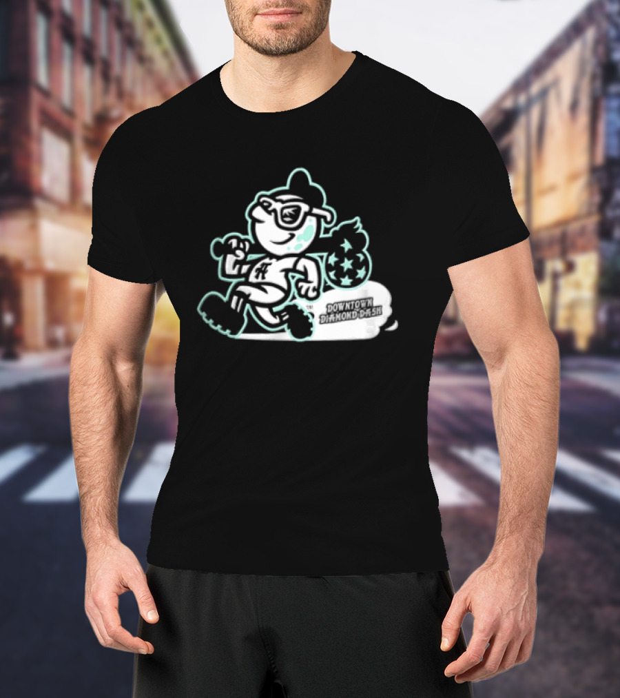 Downtown Diamond Dash Baseball Cartoon Character Running Carrying Star Bag T-Shirt