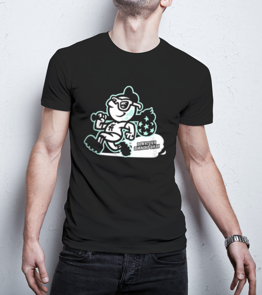 Downtown Diamond Dash Baseball Cartoon Character Running Carrying Star Bag T-Shirt