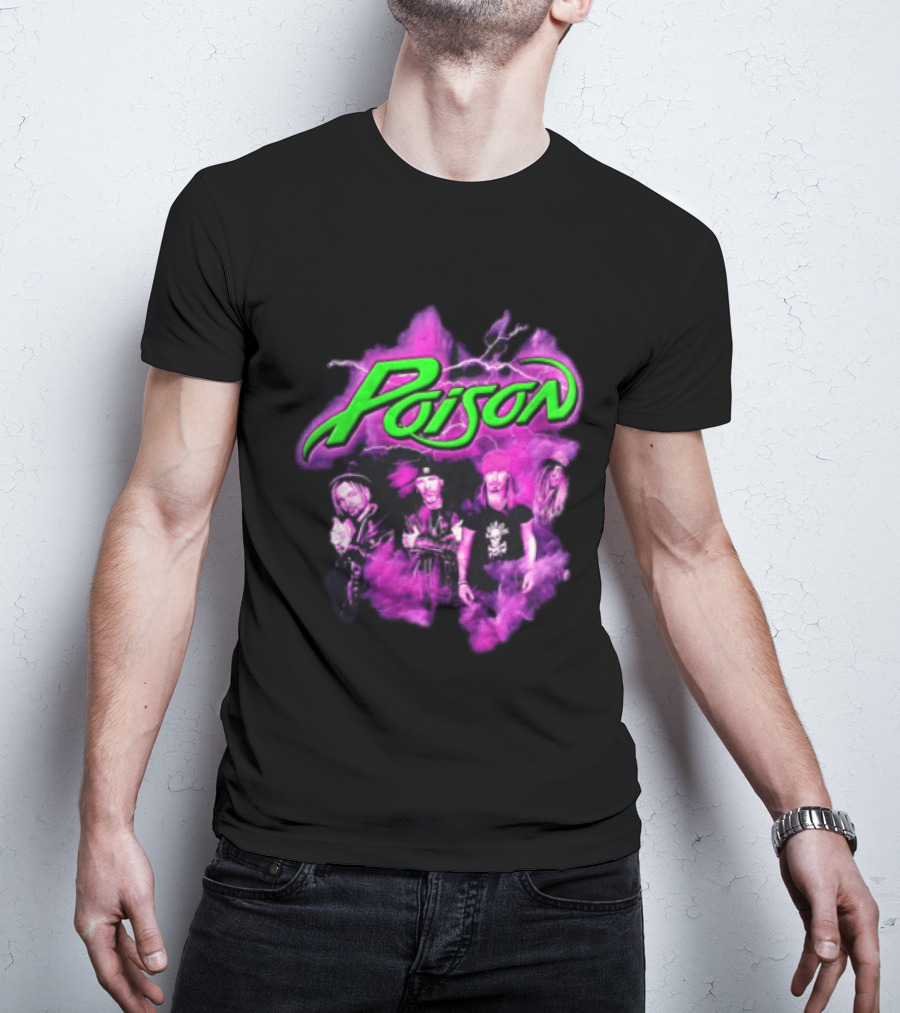 Poison Band Members Graphic With Neon Green Logo And Purple Aura T-Shirt
