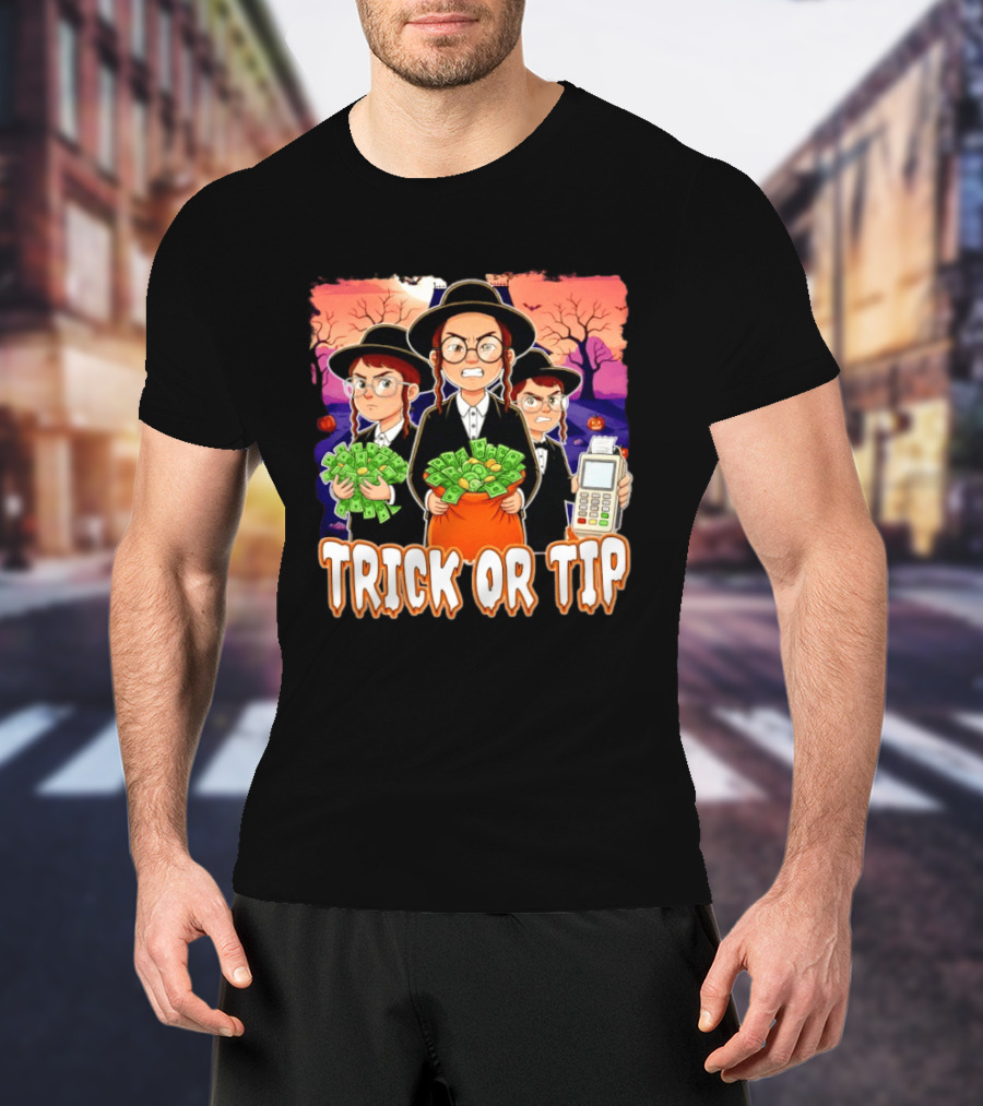 Trick Or Tip Halloween Money Bag Cartoon Characters Holding Cash And Payment Terminal T-Shirt