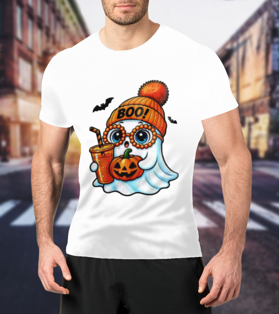 BOO Halloween Ghost With Pumpkin And Drink Spooky Fall Vibes T-Shirt