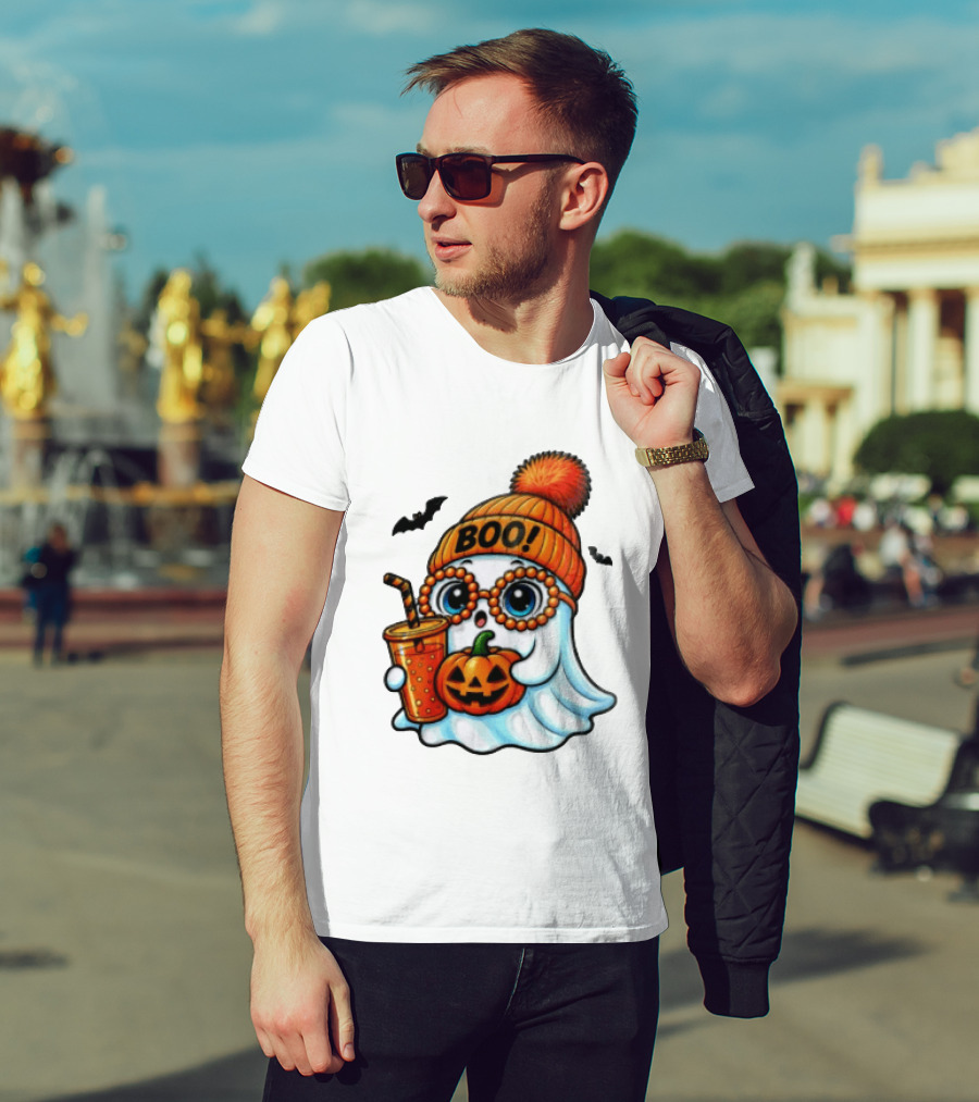 BOO Halloween Ghost With Pumpkin And Drink Spooky Fall Vibes T-Shirt