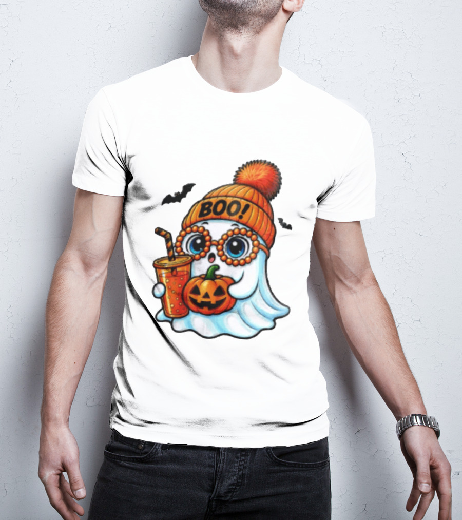 BOO Halloween Ghost With Pumpkin And Drink Spooky Fall Vibes T-Shirt