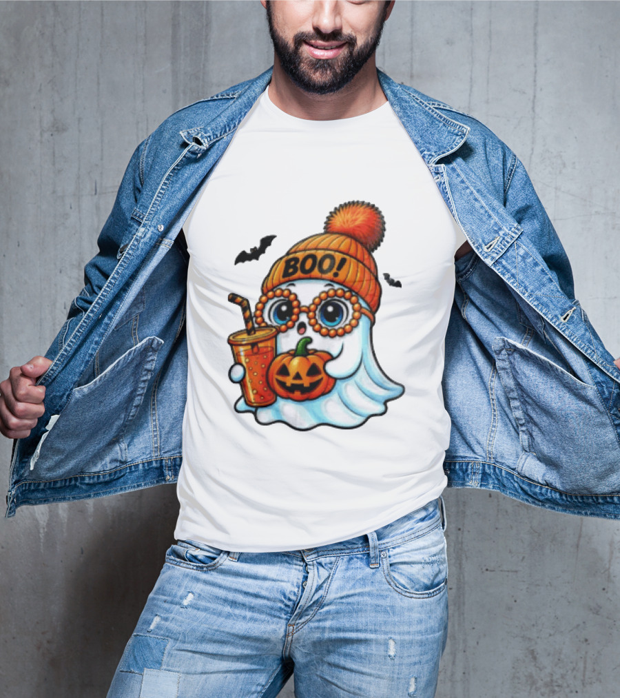 BOO Halloween Ghost With Pumpkin And Drink Spooky Fall Vibes T-Shirt