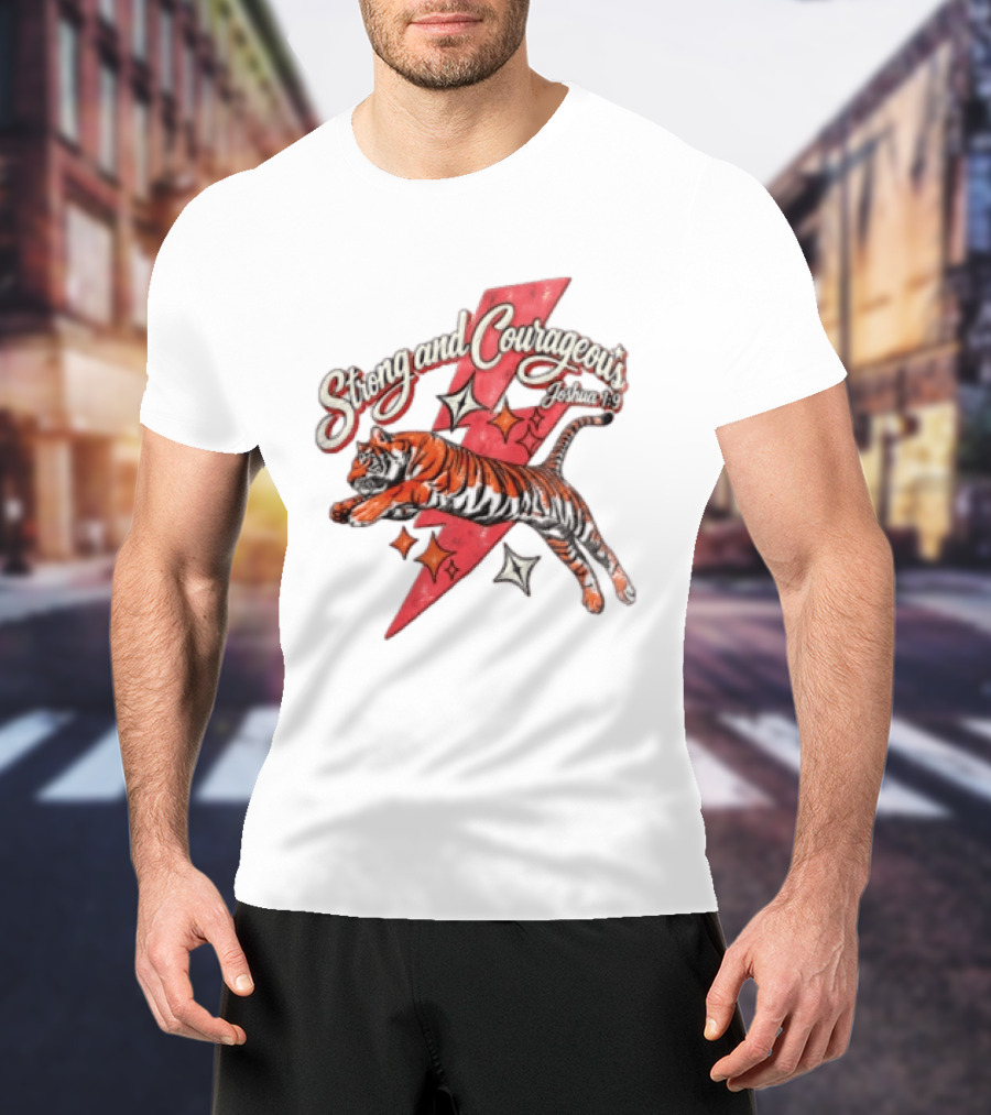 Strong And Courageous Joshua 1 9 Leaping Tiger Pink Lightning Bolt Stars T-Shirt
