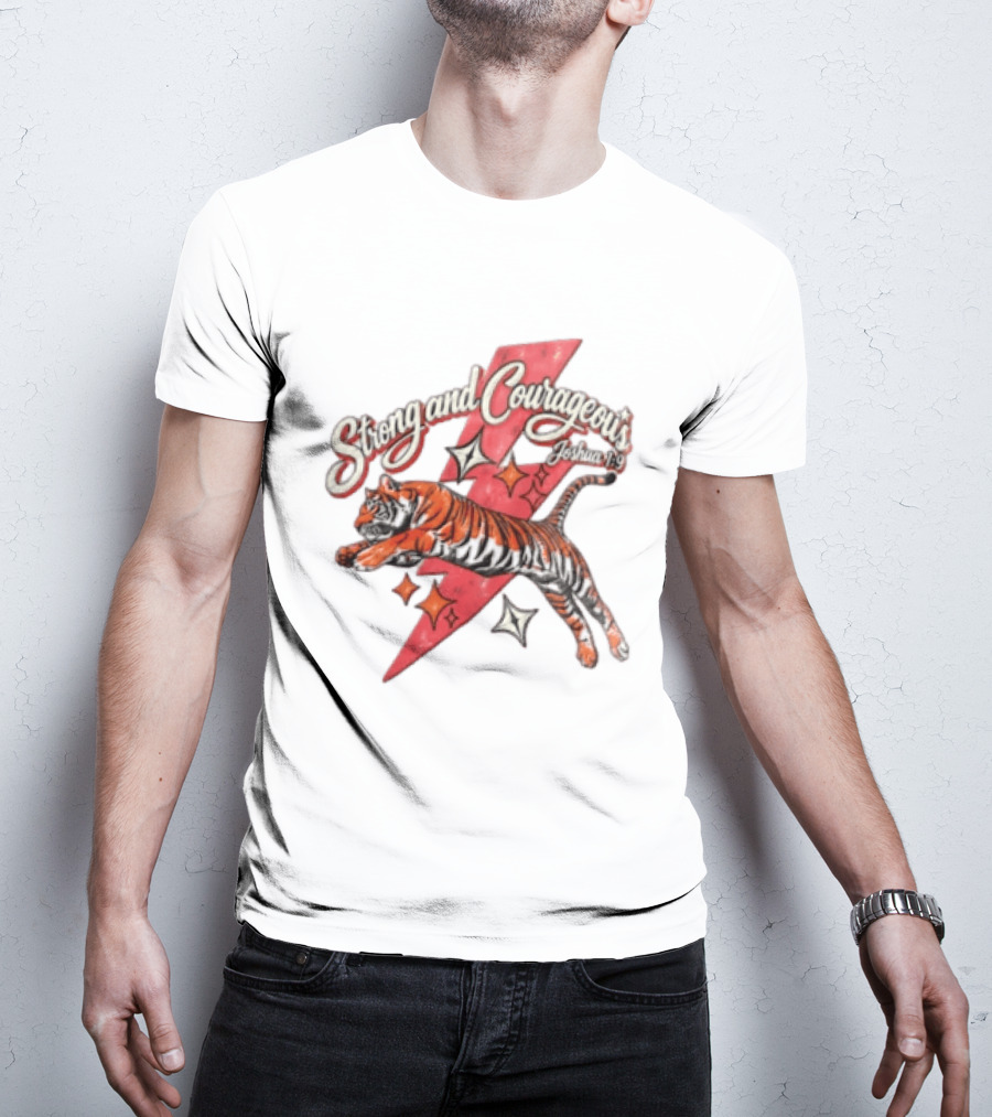Strong And Courageous Joshua 1 9 Leaping Tiger Pink Lightning Bolt Stars T-Shirt