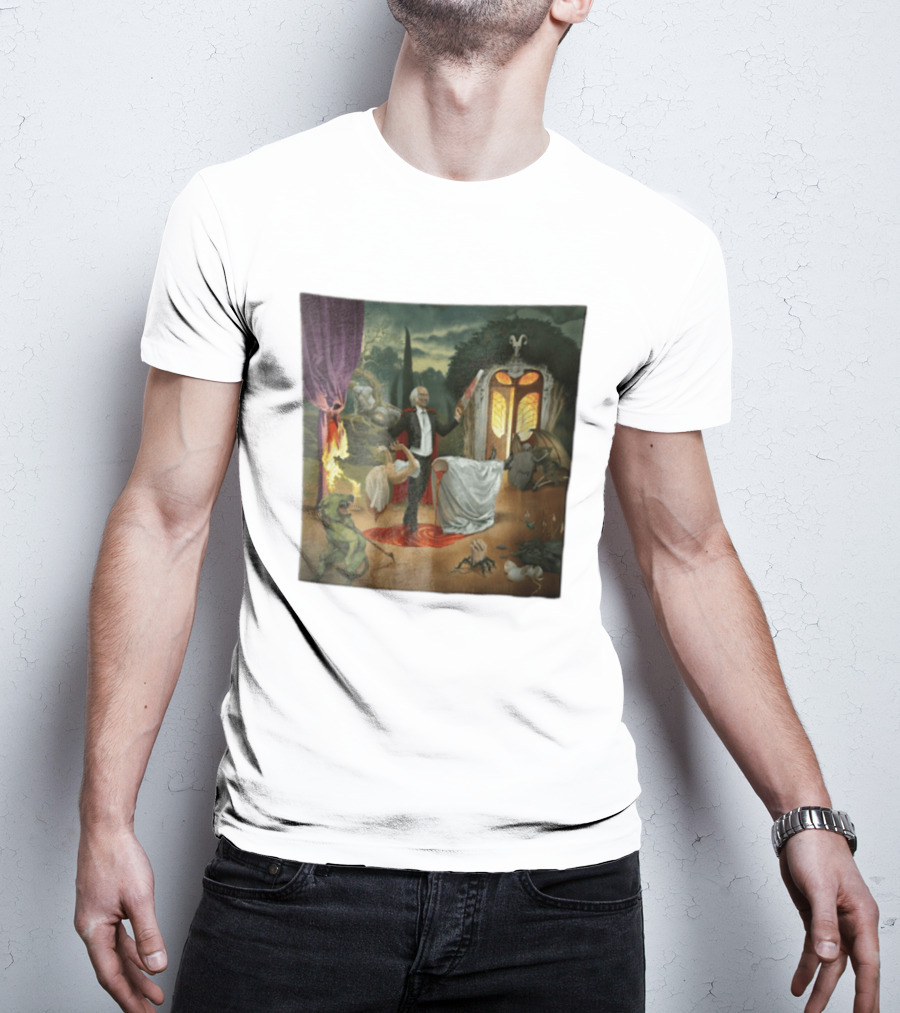 Surreal Gothic Man With Candle And Floating Figures Mysterious Enchantment T-Shirt