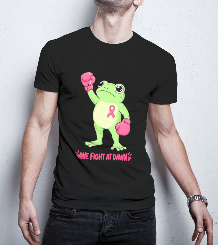 Boxing Frog We Fight At Dawn Breast Cancer Awareness Pink Gloves Ribbon T-Shirt