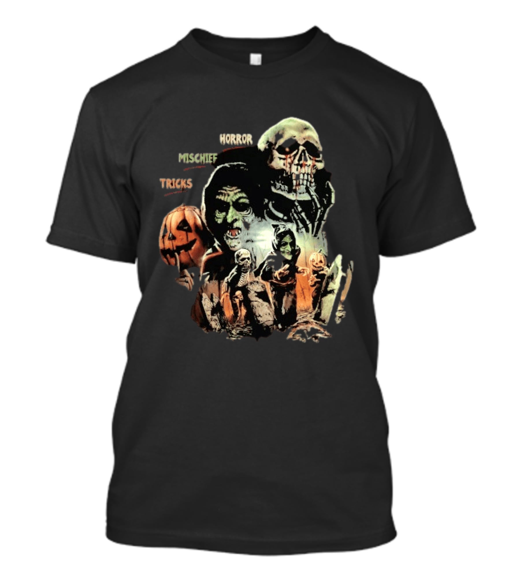 Halloween Horror Mischief Tricks Spooky Trio Skeletons And Jack O' Lanterns T-Shirt