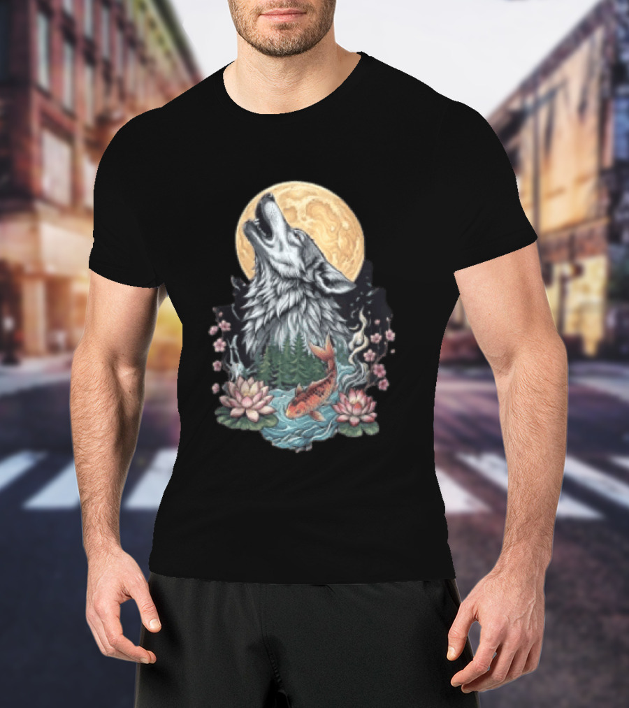 Howling Wolf Full Moon Koi Lotus Blossoms T-Shirt