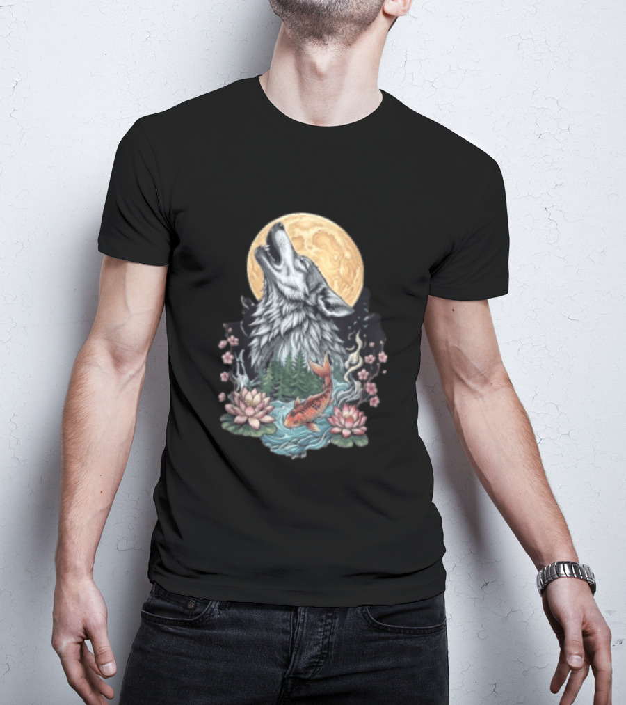 Howling Wolf Full Moon Koi Lotus Blossoms T-Shirt