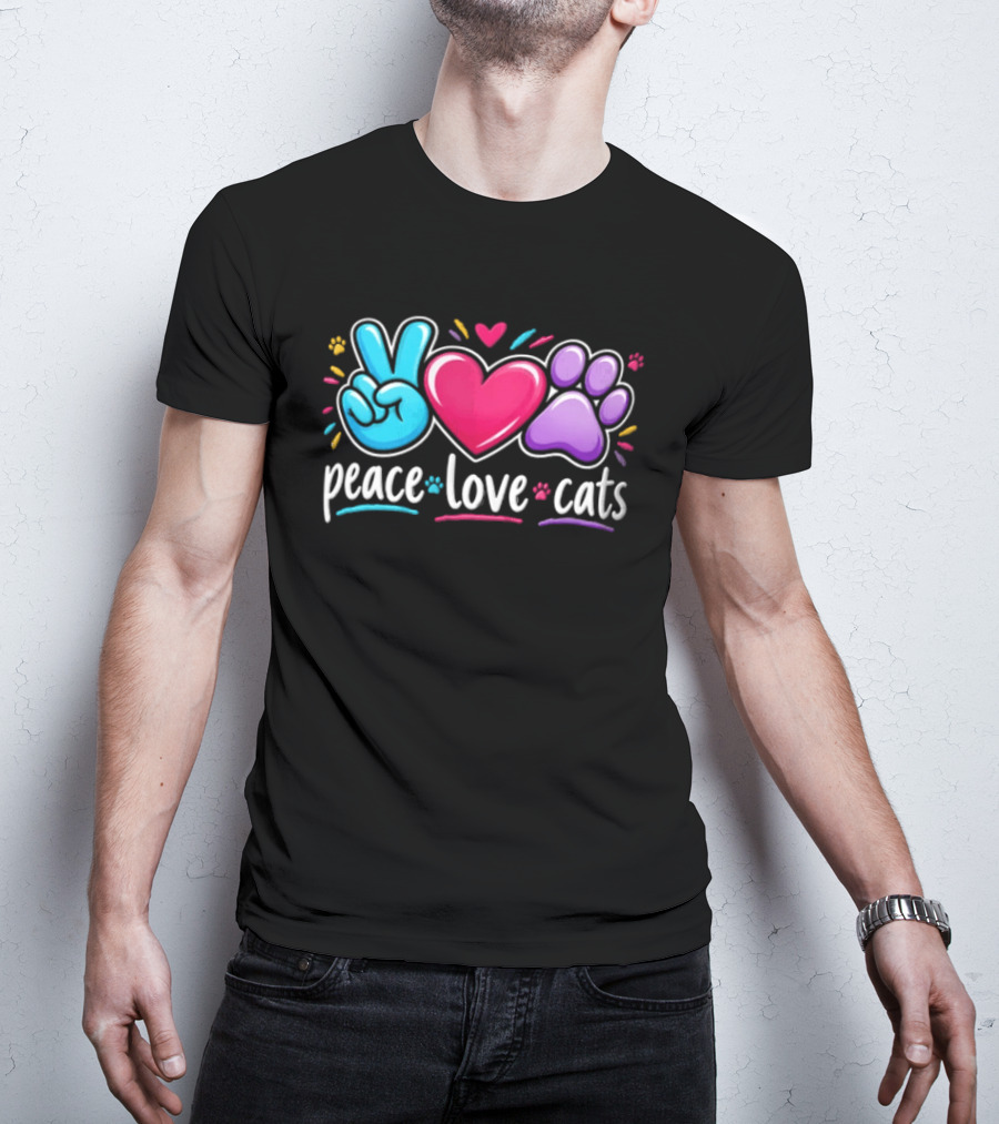 Peace Love Cats Sign Heart Paw Rainbow T-Shirt