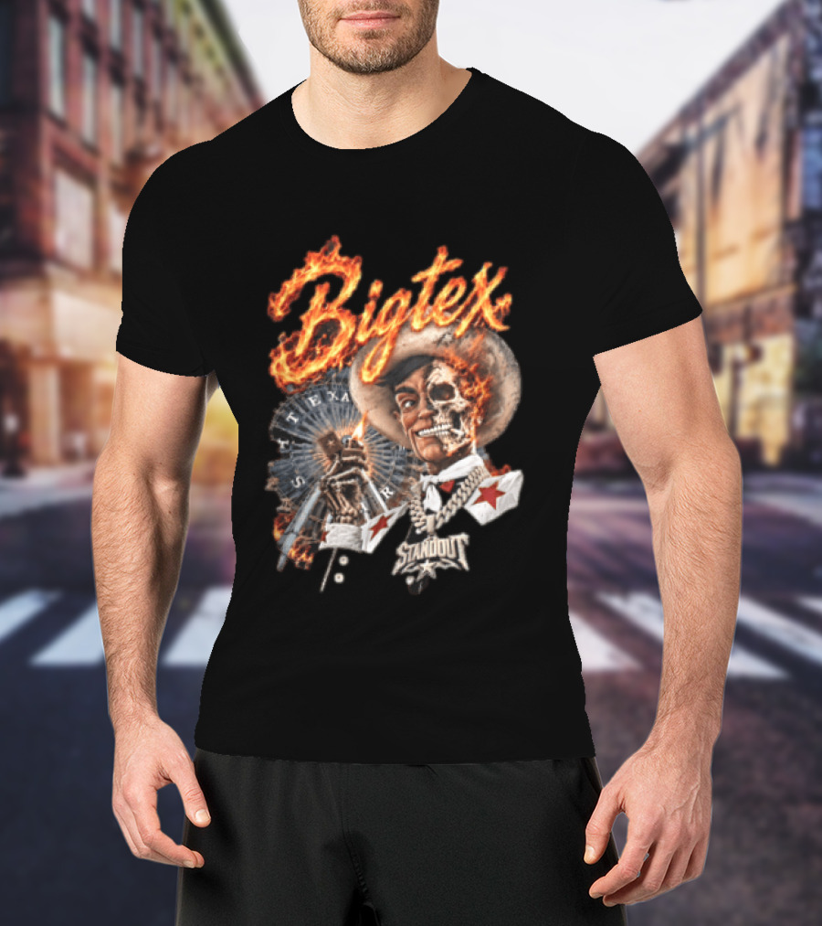 Big Tex Skeleton Cowboy Flaming Hat Texas Star Ferris Wheel T-Shirt
