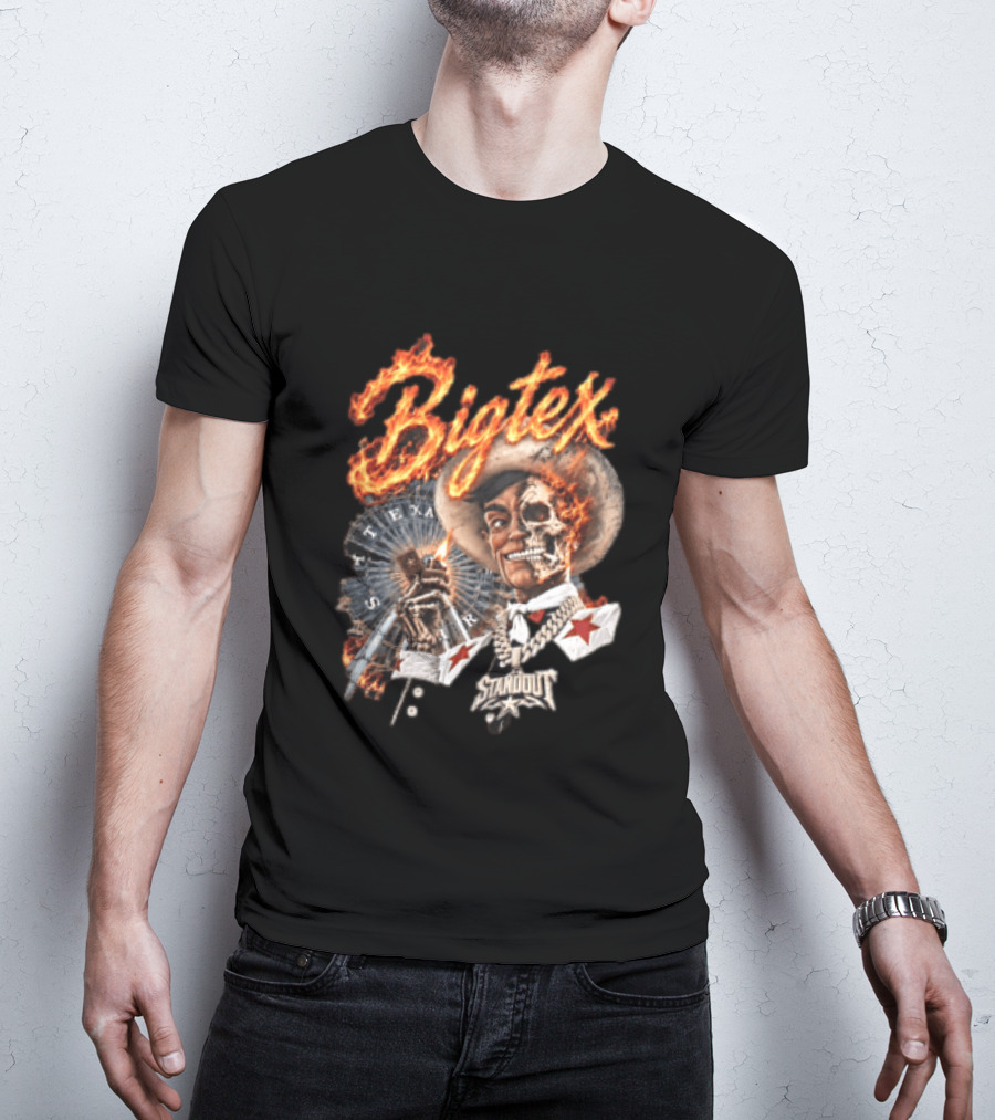Big Tex Skeleton Cowboy Flaming Hat Texas Star Ferris Wheel T-Shirt