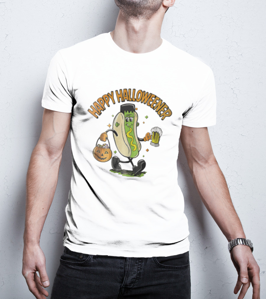 Happy Halloweener Frankenstein Hot Dog With Beer And Pumpkin Bucket T-Shirt