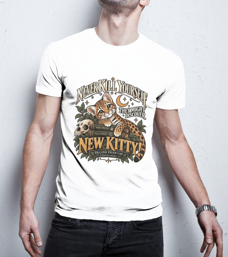 Never Kill Yourself They Might Discover New Kitty Tilcayo Tiger Cat Leopardsus Tilcayo Rare Species Field Notes T-Shirt