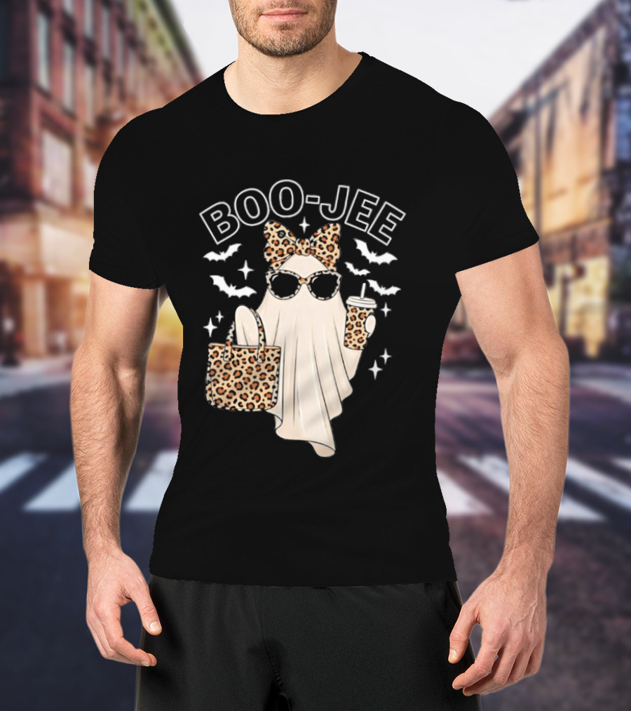 Boo Jee Stylish Ghost With Leopard Print Accessories And Bats T-Shirt