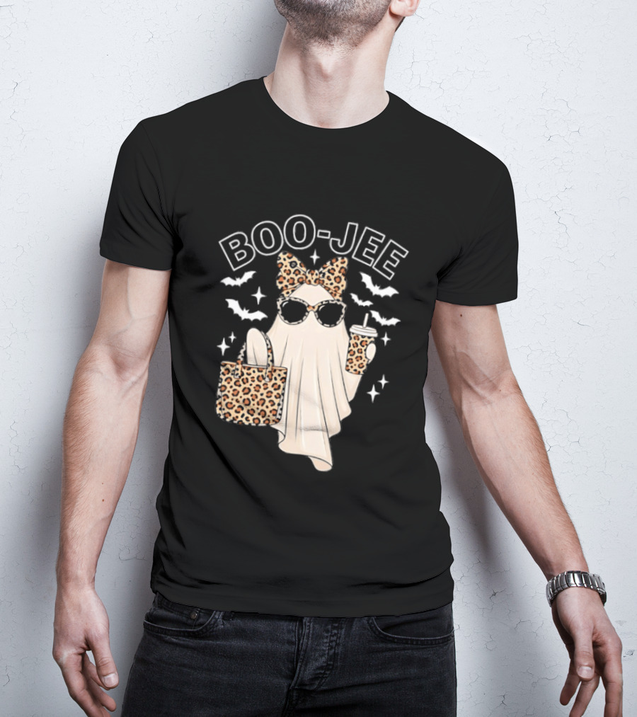 Boo Jee Stylish Ghost With Leopard Print Accessories And Bats T-Shirt