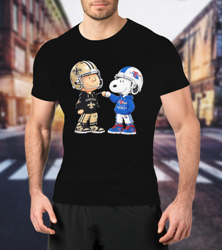 Charlie Brown Saints And Snoopy Louisiana Tech Bulldogs Team Helmet Fist Bump T-Shirt
