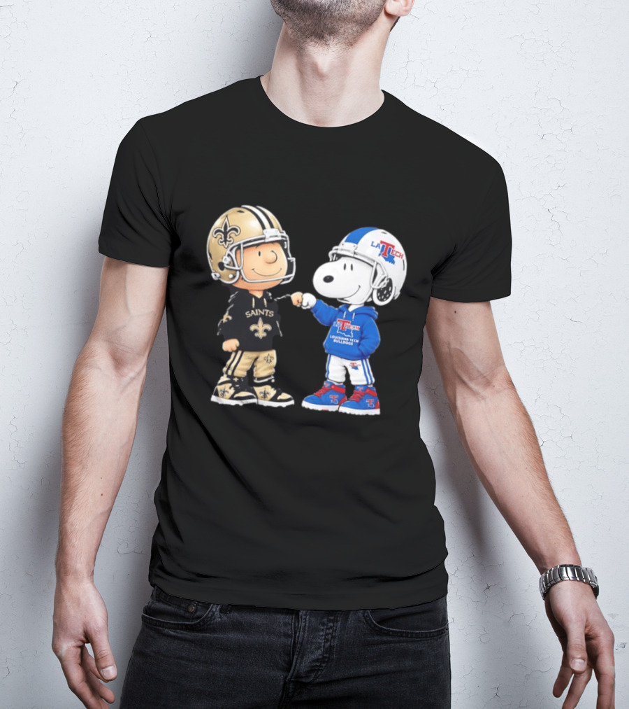 Charlie Brown Saints And Snoopy Louisiana Tech Bulldogs Team Helmet Fist Bump T-Shirt