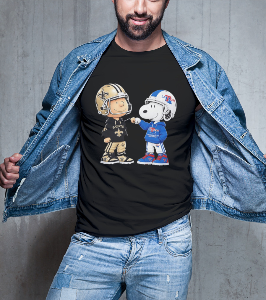 Charlie Brown Saints And Snoopy Louisiana Tech Bulldogs Team Helmet Fist Bump T-Shirt