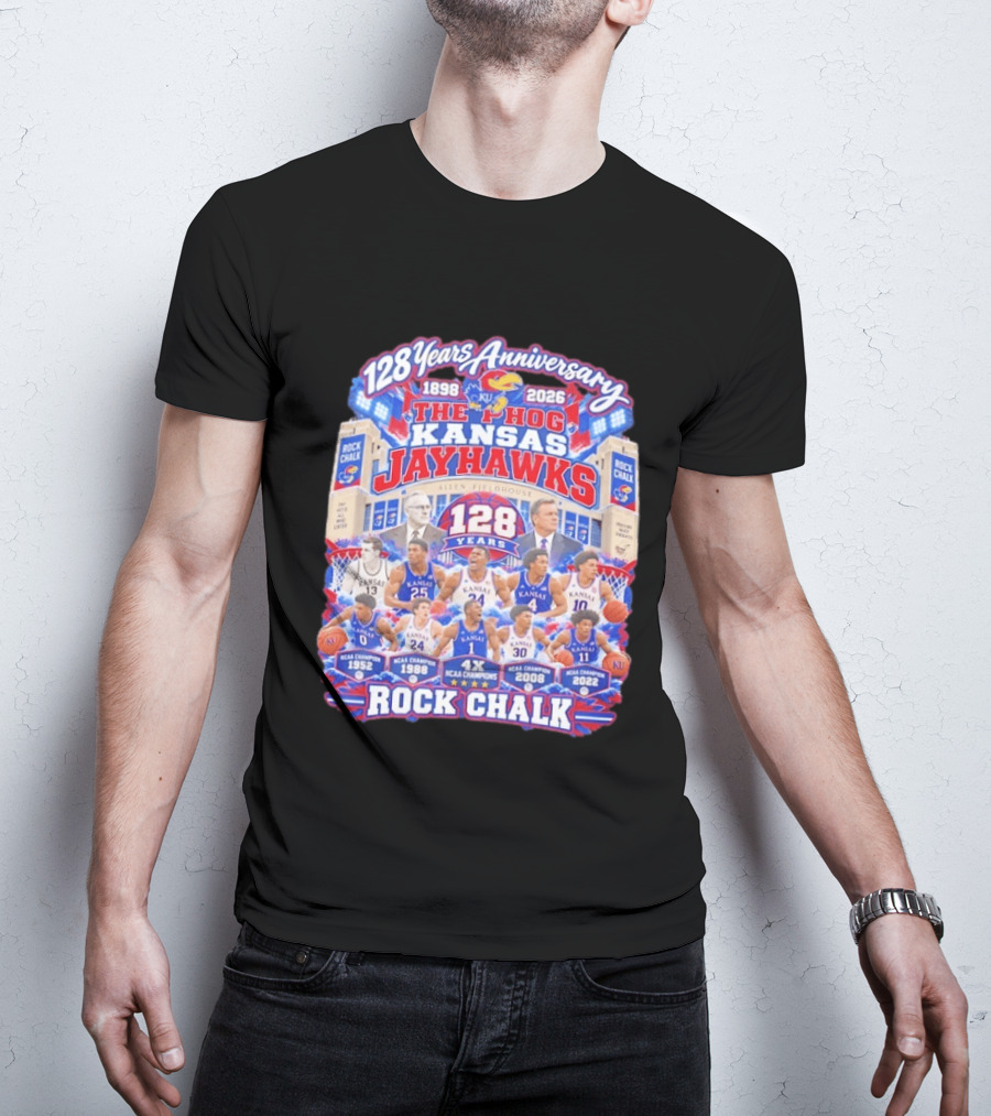 Kansas Jayhawks 128 Years Anniversary 1898 2026 The Phog NCAA Champions Rock Chalk T-Shirt