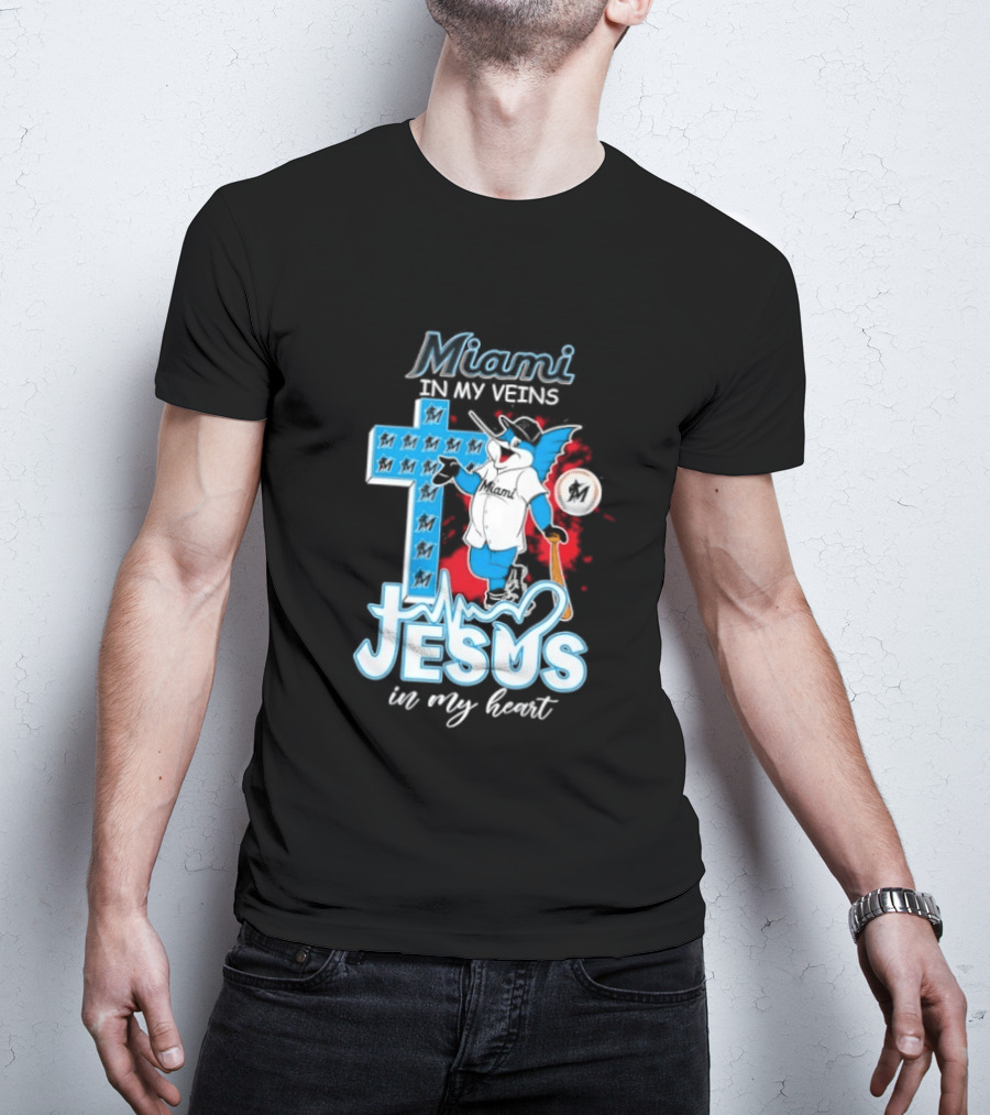 Miami Marlins In My Veins Jesus In My Heart Cross Baseball T-Shirt