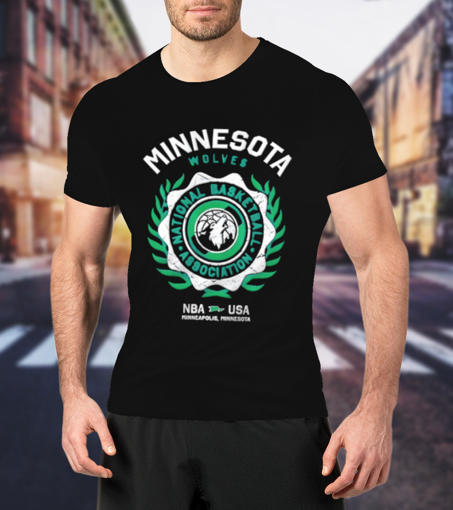 Minnesota Wolves NBA National Basketball Association Howling Wolf Circular Laurel Wreath T-Shirt