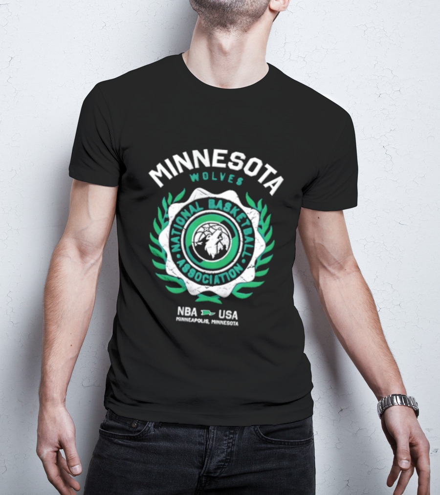 Minnesota Wolves NBA National Basketball Association Howling Wolf Circular Laurel Wreath T-Shirt