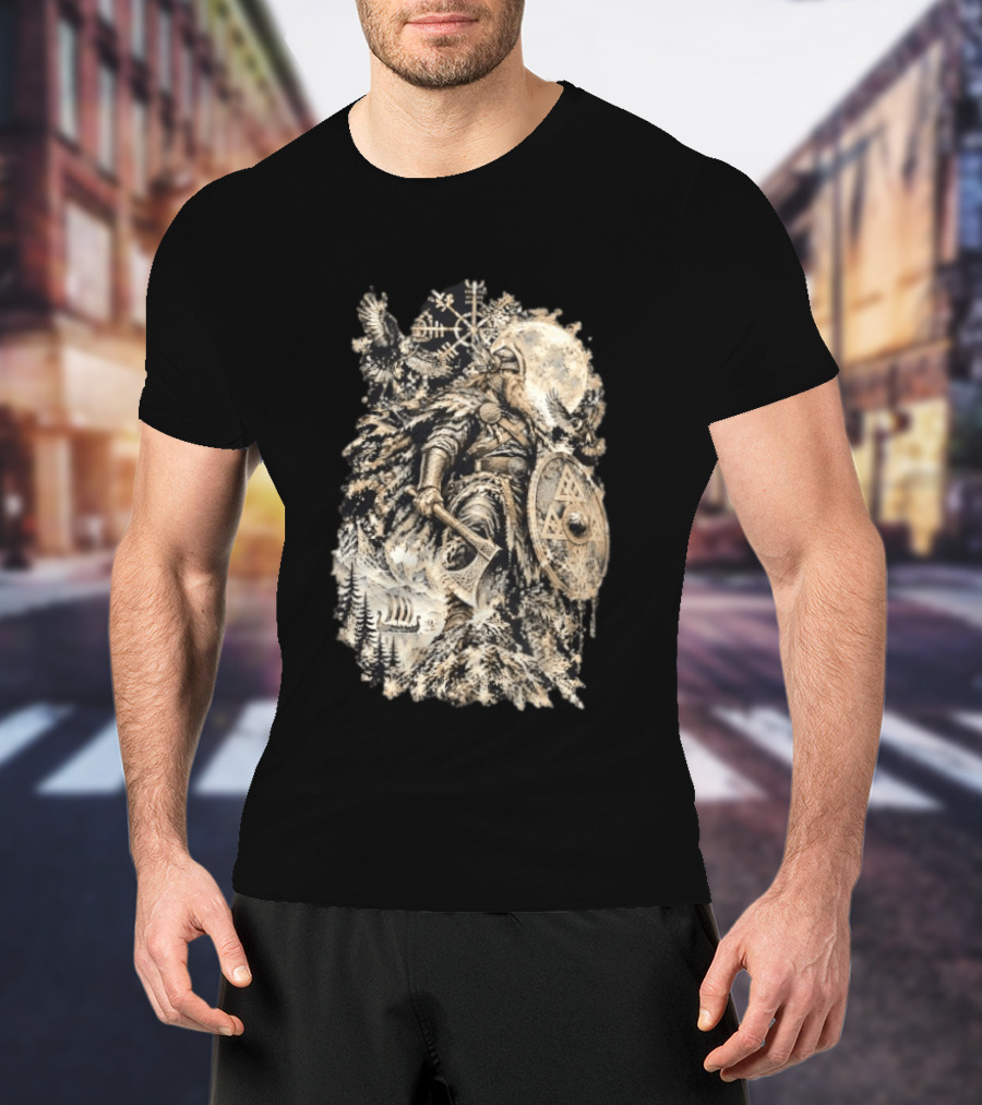Norse God Viking Warrior Axe Valknut Symbol Raven Longship T-Shirt