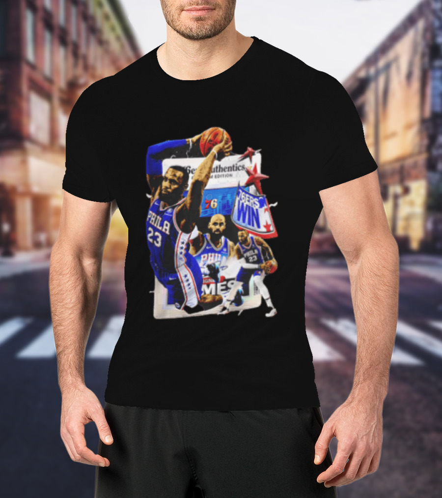 Philadelphia 76ers Lebron James Dunking Collage 76ers Win Edition T-Shirt