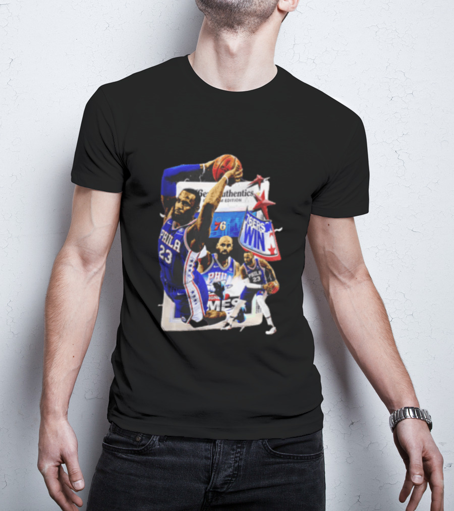 Philadelphia 76ers Lebron James Dunking Collage 76ers Win Edition T-Shirt