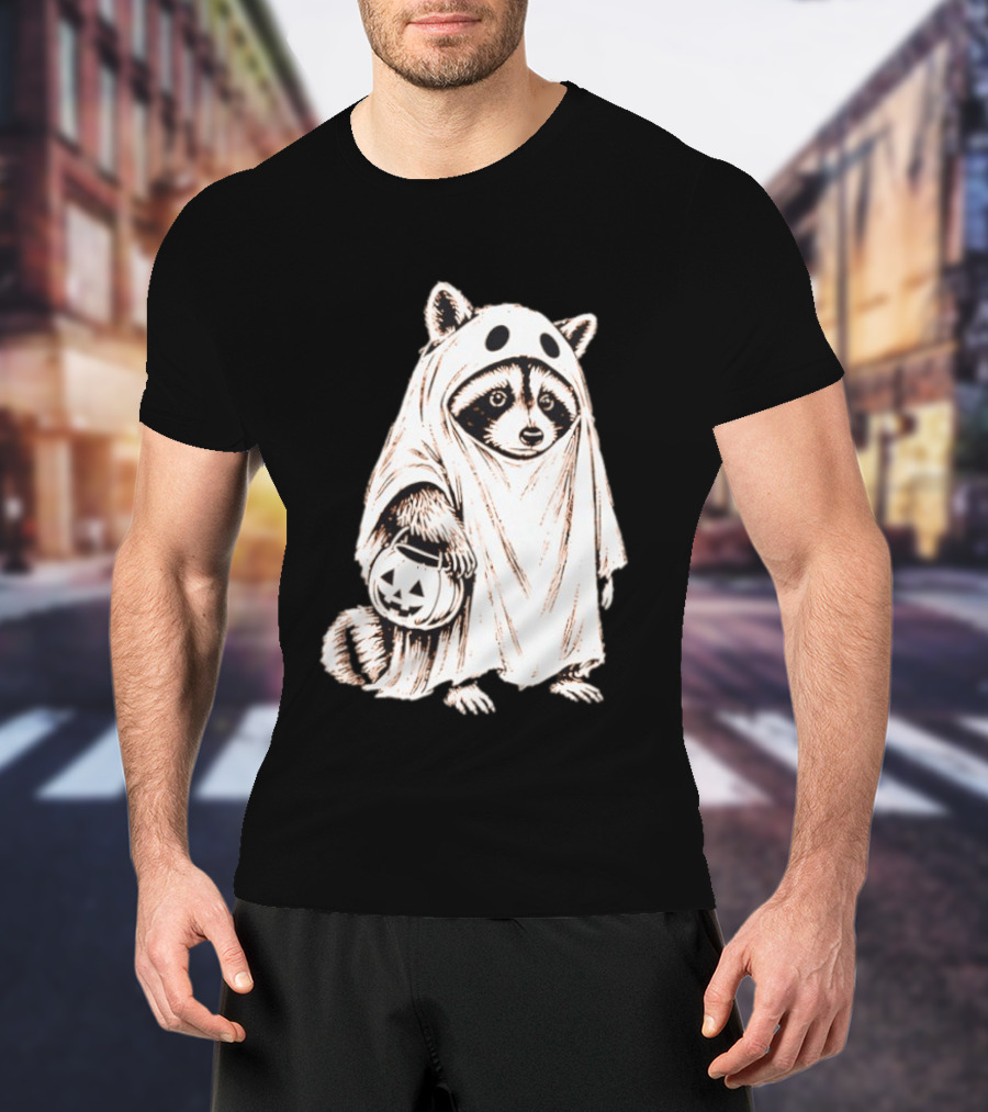 Raccoon Ghost Holding Pumpkin Bucket Halloween 2026 T-Shirt