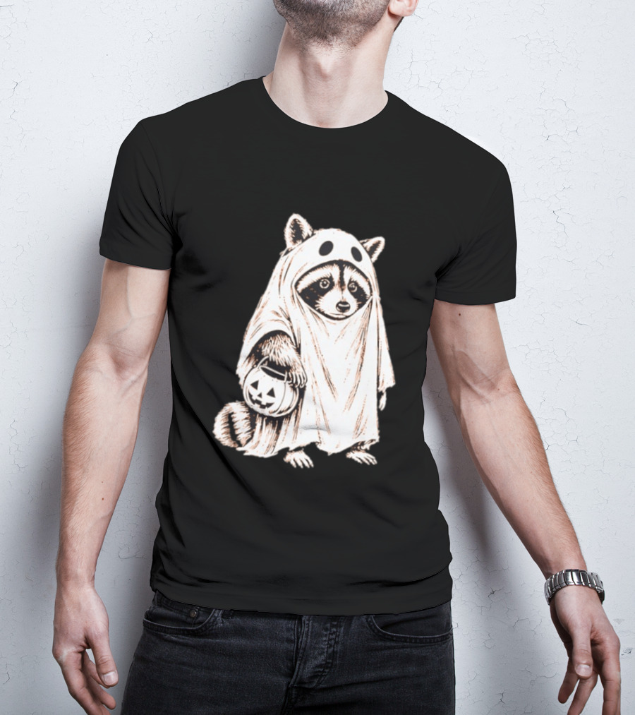 Raccoon Ghost Holding Pumpkin Bucket Halloween 2026 T-Shirt