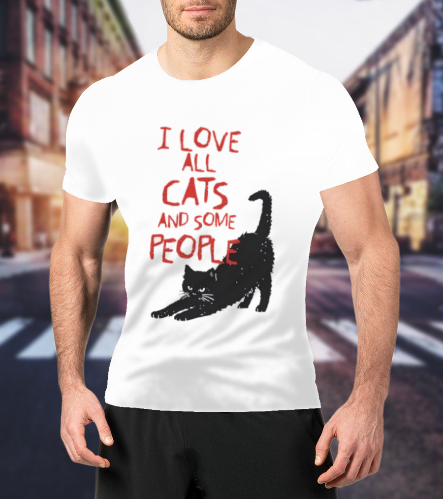 I Love All Cats And Some People Funny Cat Lovers Stretching Black Cat T-Shirt
