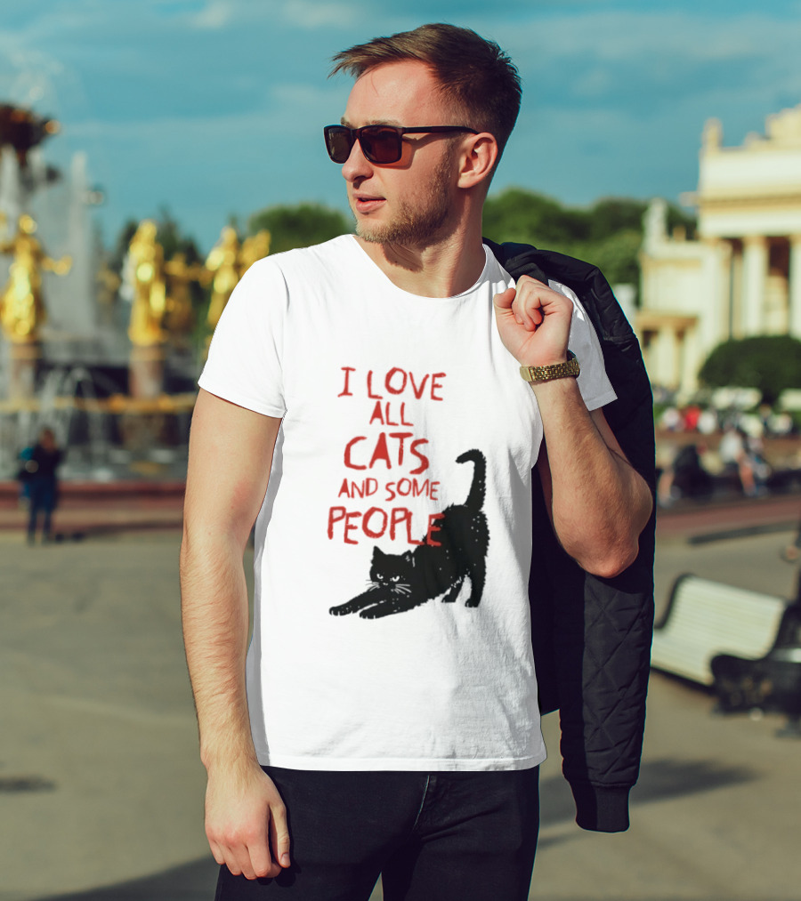 I Love All Cats And Some People Funny Cat Lovers Stretching Black Cat T-Shirt